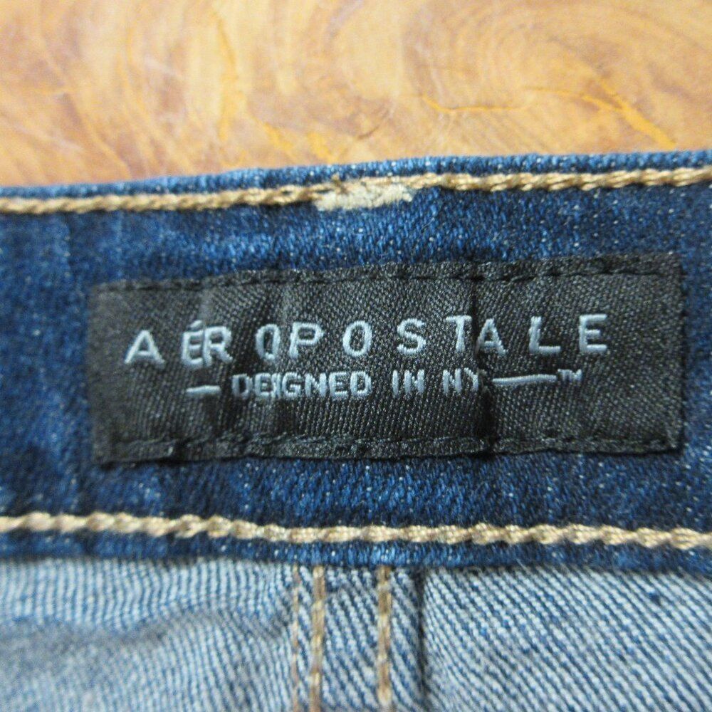 AEROPOSTALE Midi Cuffed Distressed Jean Shorts Sz 4 Ripped Dark Blue Denim Jorts - Picture 5 of 13